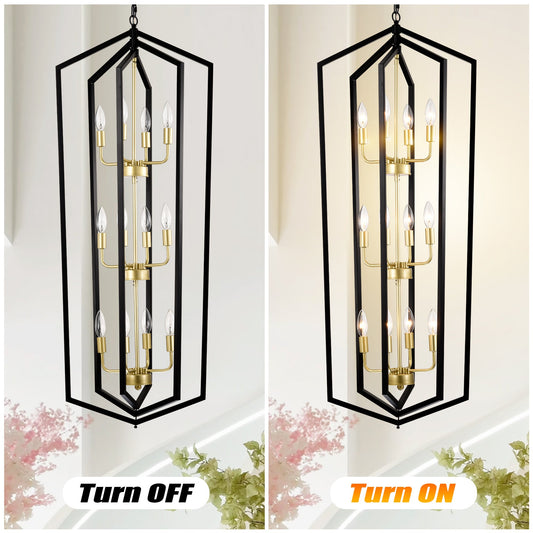 12-Light Lantern Tired Farmhouse Ceiling Hanging Light Black Chandelier Metal Modern Pendant Inkedjoy