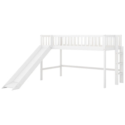 Twin Size Low Loft Bed With Ladder And Slide,White My Store