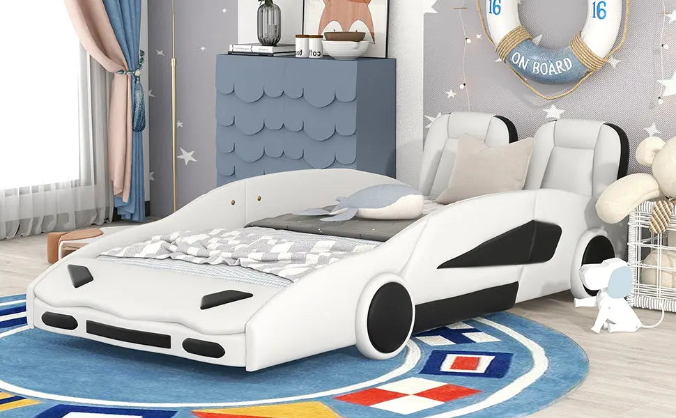 Double Race Platform Bed With Wheels, White My Store