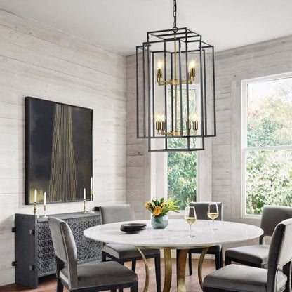 8 Lights Black & Gold Lantern Tiered Chandelier, Industrial Farmhouse Chandelier Inkedjoy