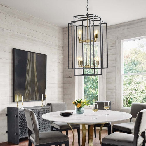 8 Lights Black & Gold Lantern Tiered Chandelier, Industrial Farmhouse Chandelier Inkedjoy