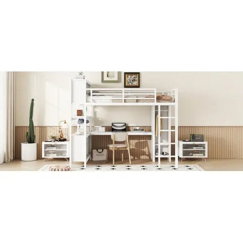 Metal Loft Bed With Wardrobe And L-shaped Desk, Full Size Loft Bed With Storage Cubes And Shelves My Store