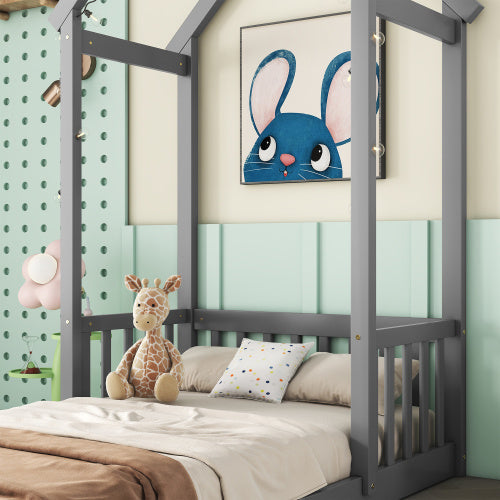 Twin House-shaped Roof Headboard Floor Bed,,without Slats,Grey My Store