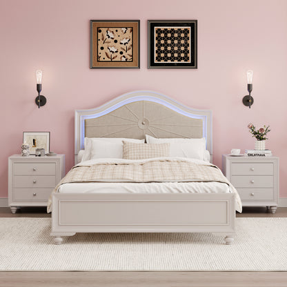 3 Pieces Bedroom Sets Full Size Wood Bed with Hidden LED Light Upholstered Headboard + 2 Nightstands, Cream Grey - Ohberri