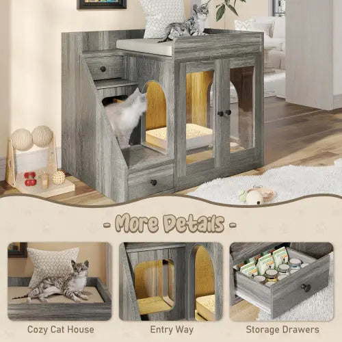 Indoor Cat House Enclosure With Light , Hidden Litter Box Furniture With 2 Storage Drawers My Store