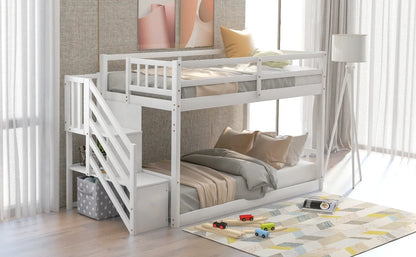Twin Over Twin Floor Bunk Bed, Ladder With Storage, White My Store