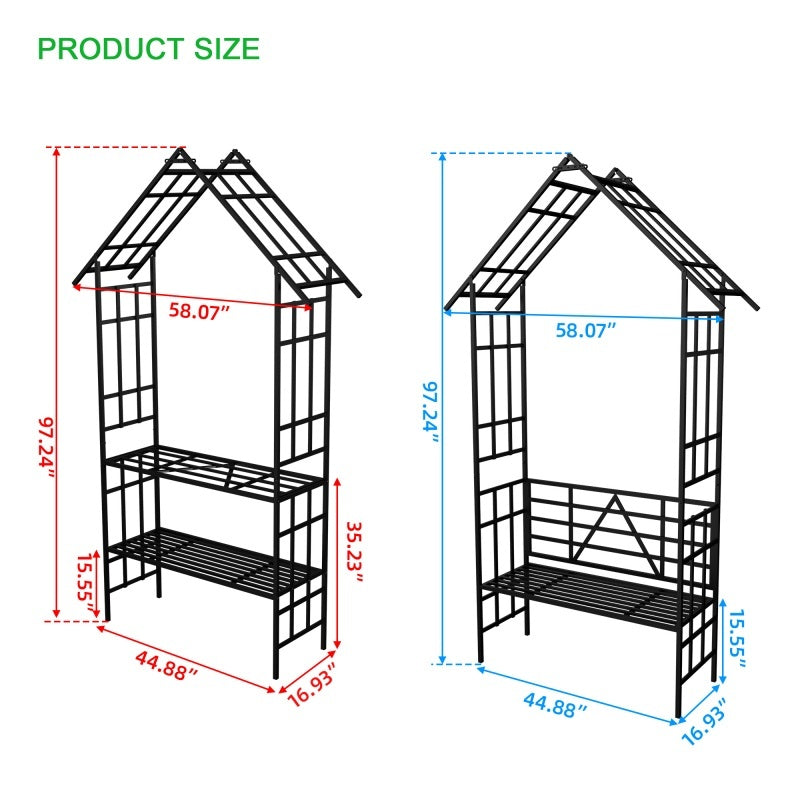 Metal Garden Arch, With Benches- Black Inkedjoy