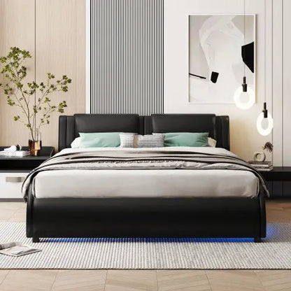 Full Size Upholstered Faux Leather Platform Bed With LED Light Bed Frame With Slatted - Black My Store