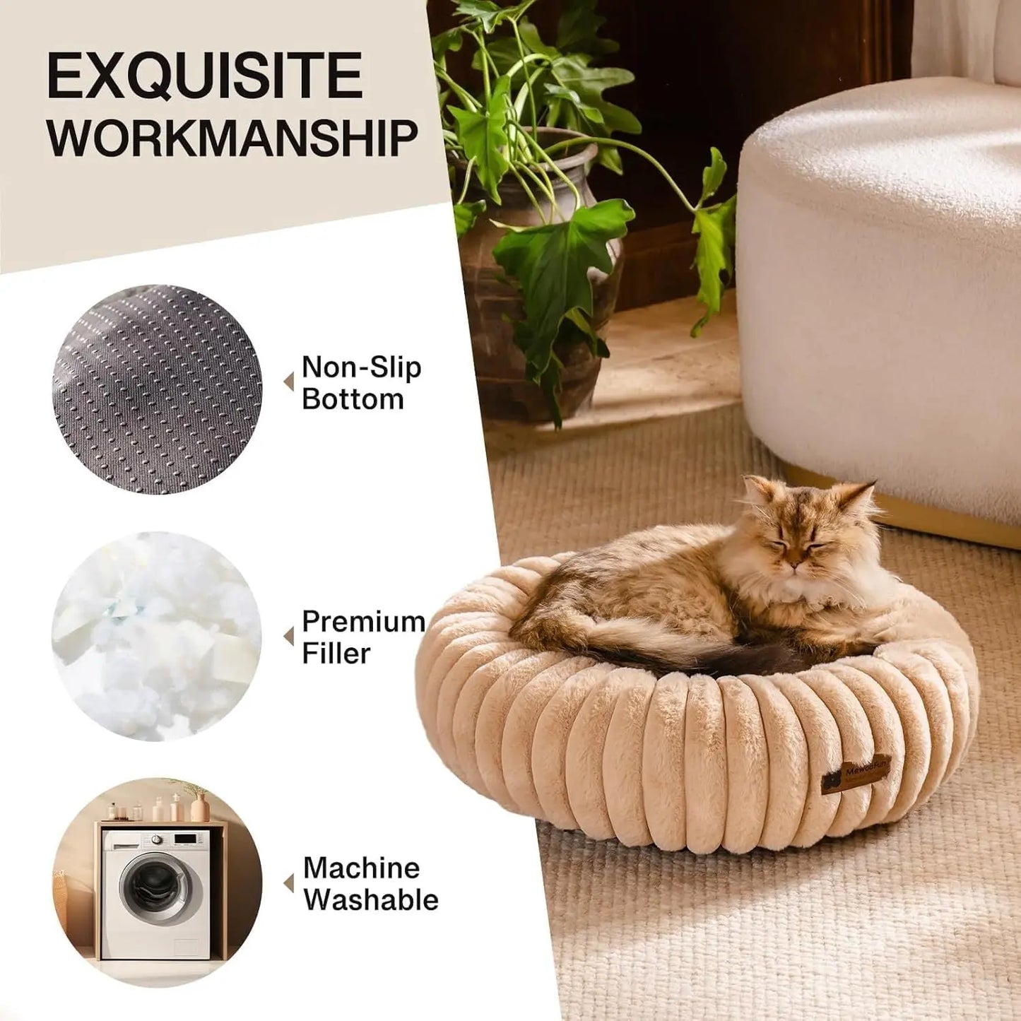 MEWOOFUN Donut Dog Bed For Medium Dogs - Calming Pet Bed With Non-Slip Bottom, Washable For Pets Up To 45 Lbs Light Brown My Store