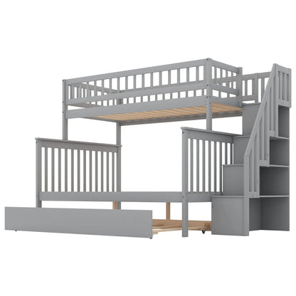 Twin Over Full Bunk Bed With Trundle And Staircase,Gray My Store