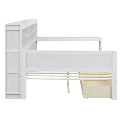 Wooden Full-size Sofa Bed With Storage Rack, Multifunctional Bed With Two Storage Drawers And Desk, Antique White My Store