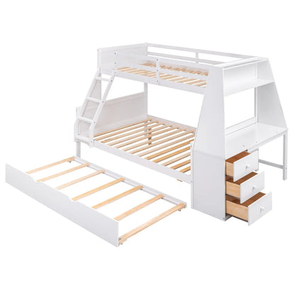 Twin Full Bunk Bed W  Trundle, Desk, 3 Drawers   Shelf - White My Store