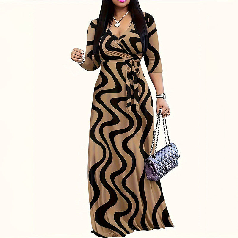 Women's Summer Geometric Print Maxi Dresses Casual 3 4 Sleeve V-Neck Tie Waist Long Dress Inkedjoy