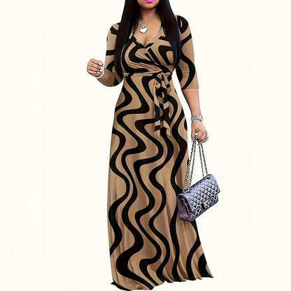 Women's Summer Geometric Print Maxi Dresses Casual 3 4 Sleeve V-Neck Tie Waist Long Dress Inkedjoy