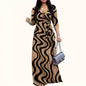 Women's Summer Geometric Print Maxi Dresses Casual 3 4 Sleeve V-Neck Tie Waist Long Dress Inkedjoy