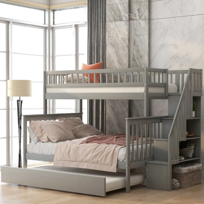 Twin Over Full Bunk Bed With Trundle And Staircase,Gray My Store