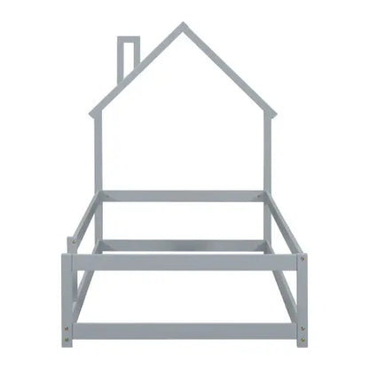 Twin Size Wood Bed With House-shaped Headboard Floor Bed With Fences,Grey My Store