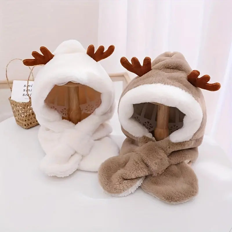 Cute Deer Hat Women Plush Rabbit Ear Funny Lolita Sweet Kawaii Winter Fluffy Fleece Warm Hat Plush Winter Thickened Cute Antlers Baby Hat With Scarf For 5-10 Y Children My Store
