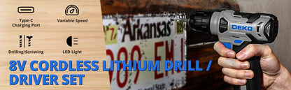 DEKO Drill Set: Tool Set with 8V Blue Cordless Drill 126 Piece Ohberri