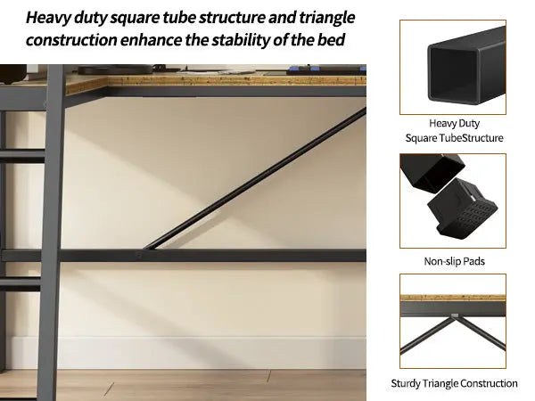 Twin Metal Loft Bed With L-Shaped Desk, Charging Station- Black My Store