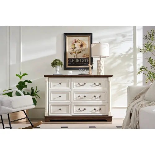 Farmhouse Style 6 Drawer Dresser Chest With Base Wooden Rustic Chest Of Drawers, Storage Dresser Organizer For Bedroom, Living Room, Beautiful Sturdy And Durable My Store