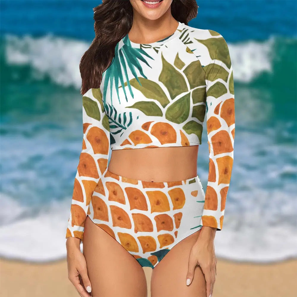 Long Sleeve Crew Neck Ladies Bikini Swimsuit Inkedjoy