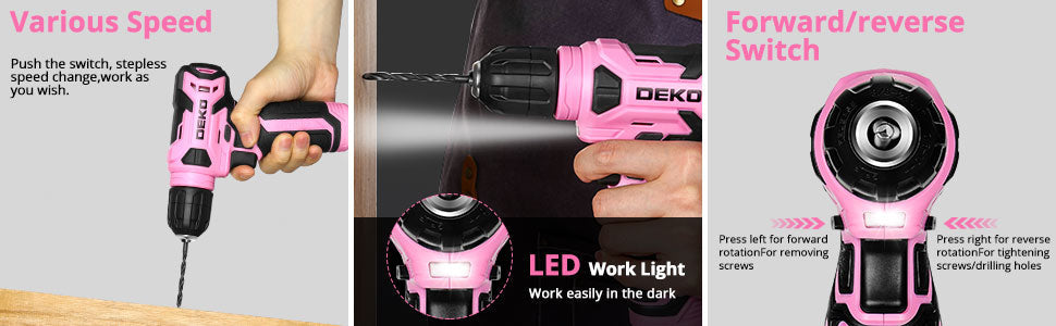 DEKO 8V Pink Cordless Drill, Drill Set with 3/8"Keyless Chuck, 42pcs Ohberri
