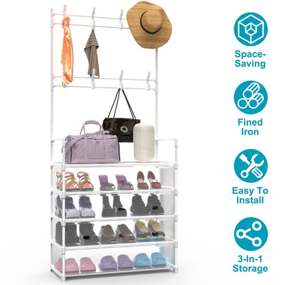 5 Tier Shoe Rack With Coat Rack - White Inkedjoy