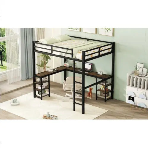 Full Metal Loft Bed With Desk And Shelves, Loft Bed With Ladder And Guardrails, Loft Bed Frame For Bedroom My Store