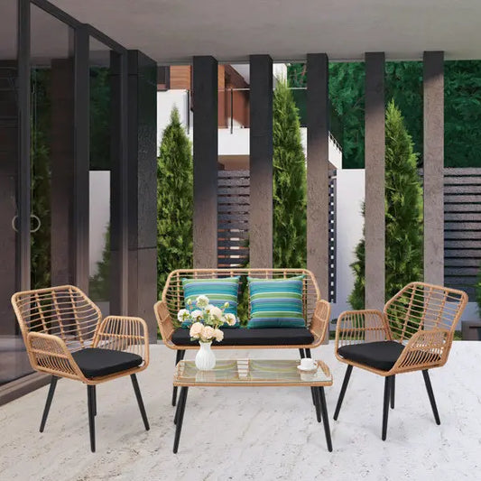 Yellow Round Rattan, Black Seat Cushion, Braided Rattan Four-piece Set My Store