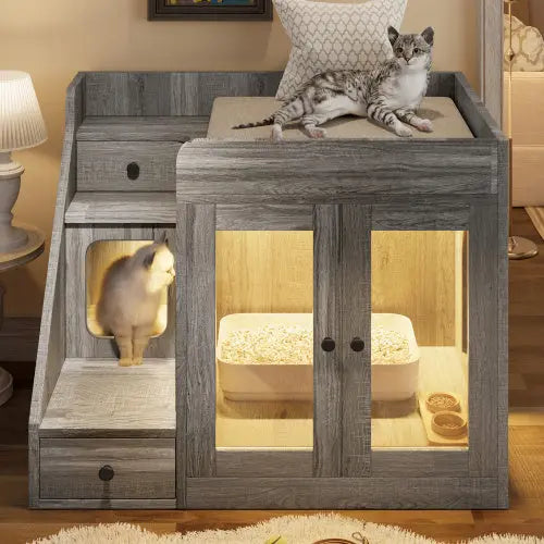 Indoor Cat House Enclosure With Light , Hidden Litter Box Furniture With 2 Storage Drawers My Store