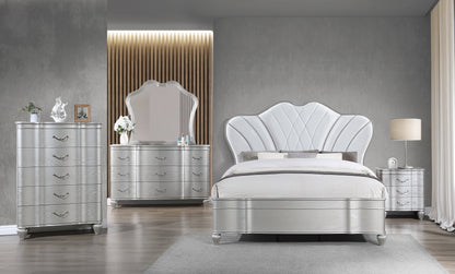 Queen Bedroom Set 5 Pc Traditional Style with Upholstered Button-Tufted Bed Made of Wood in Silver Finish - Ohberri