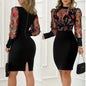 Women's Elegant Round Neck Long Sleeve See Through Floral Print Bodycon Dress For Spring & Summer Inkedjoy
