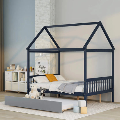 NAVY BLUE HOUSE FULL BED WITH TRUNDLE OF GREY COLOR My Store