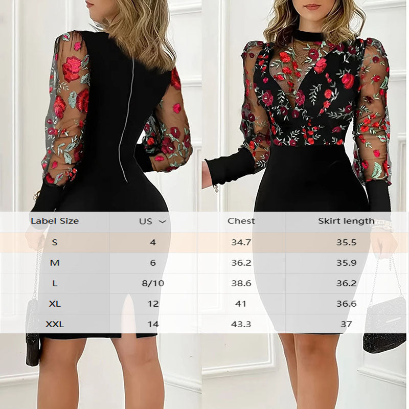 Women's Elegant Round Neck Long Sleeve See Through Floral Print Bodycon Dress For Spring & Summer Inkedjoy