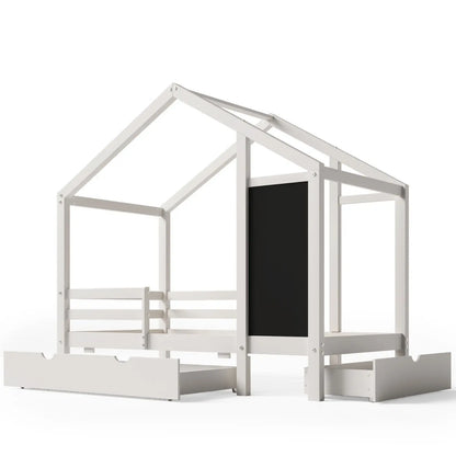 Twin House Bed With Blackboard And Drawers, Two Assembly Options, White My Store