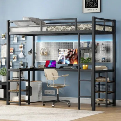 Twin XL Metal Loft Bed With Desk And Shelves, Loft Bed With Ladder And Guardrails-Black My Store
