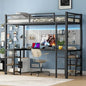 Twin XL Metal Loft Bed With Desk And Shelves, Loft Bed With Ladder And Guardrails-Black My Store
