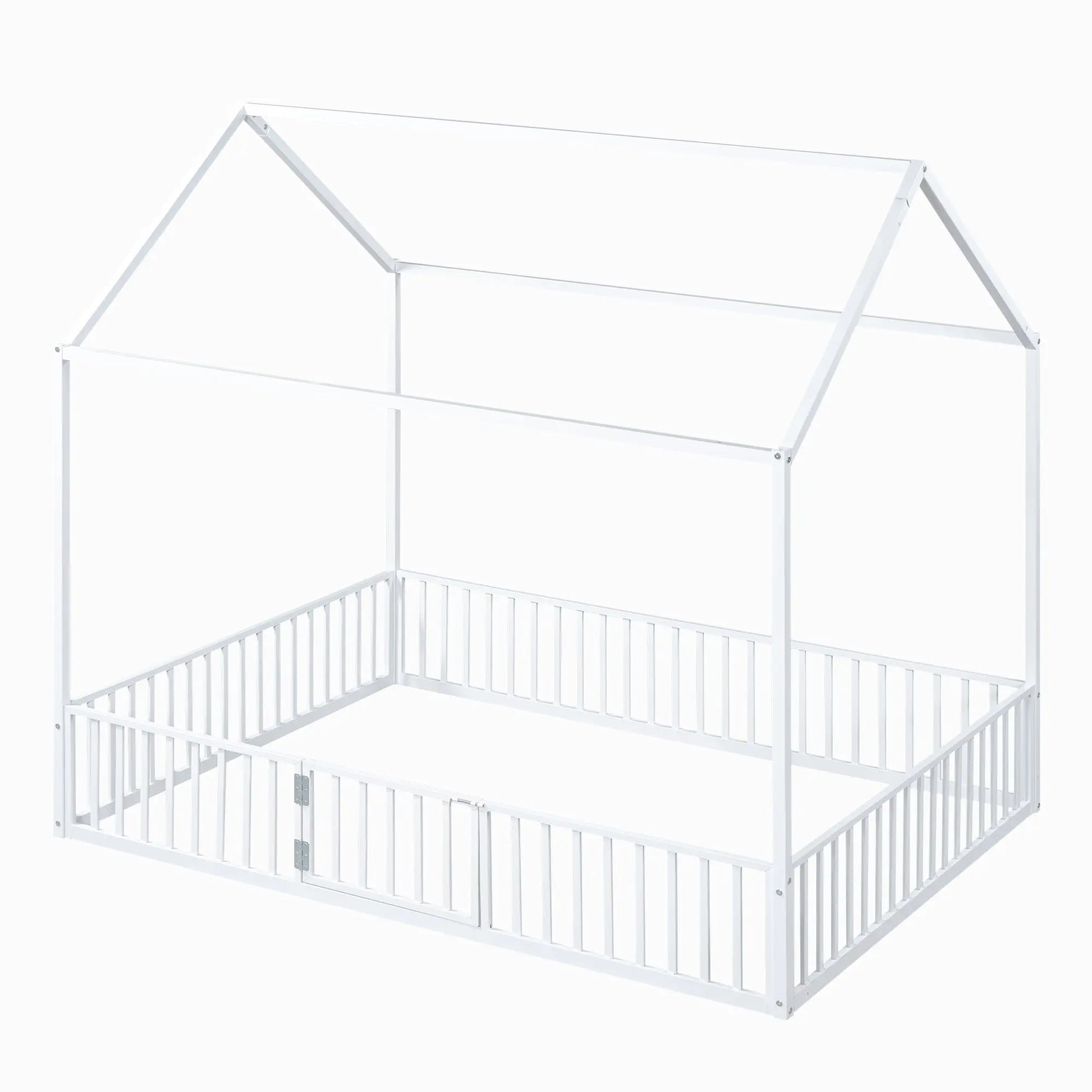 Full Size Metal House Bed With Fence And Door, White My Store