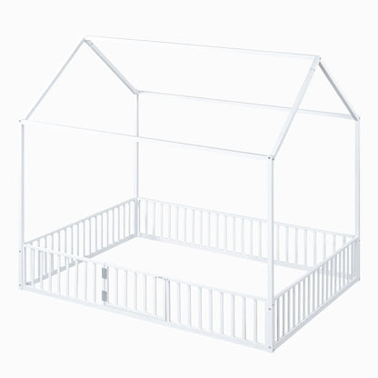 Full Size Metal House Bed With Fence And Door, White My Store