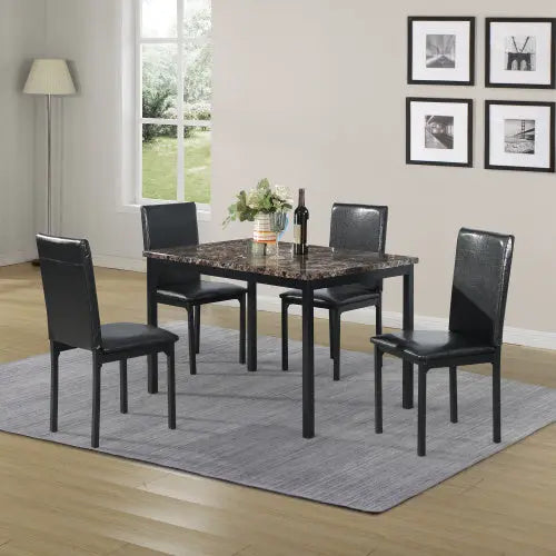 Furniture 5-piece Metal Dining Table And Chair Set With Imitation Marble Top - Black, Dining Room Set, Table And 4 Chairs My Store