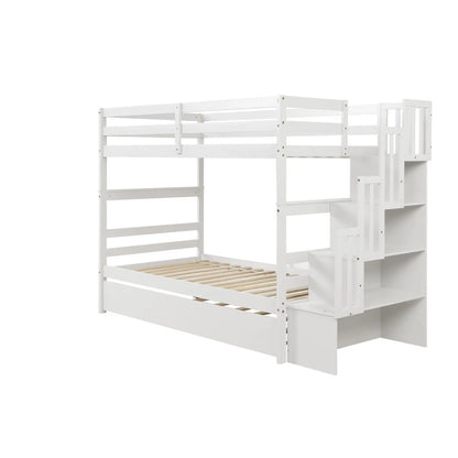 Twin Bunk Beds With Trundle & Stairway Storage In White Siesta