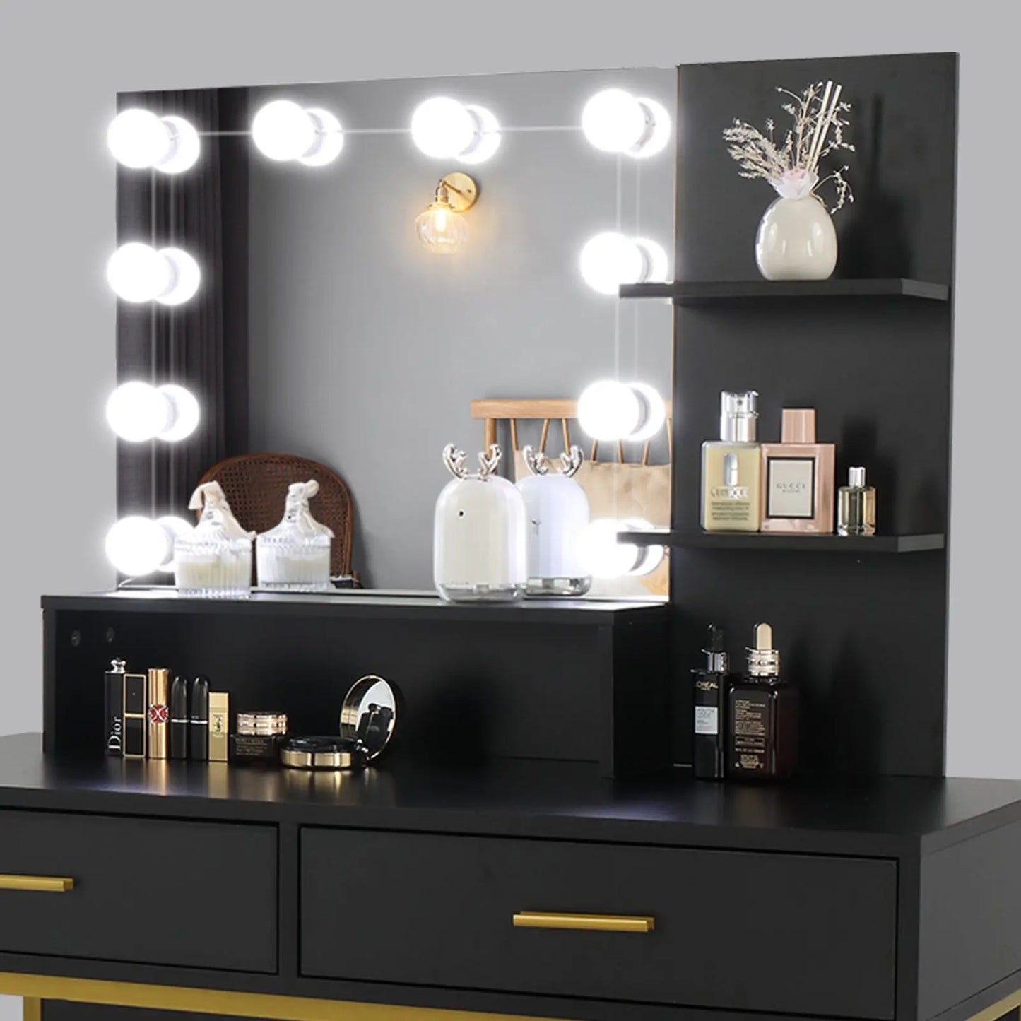 Black, Particleboard, Steel Frame, Two-drawer, Three-tier Shelf, Dressing Table Set, Three-tone Light, Light Luxury My Store