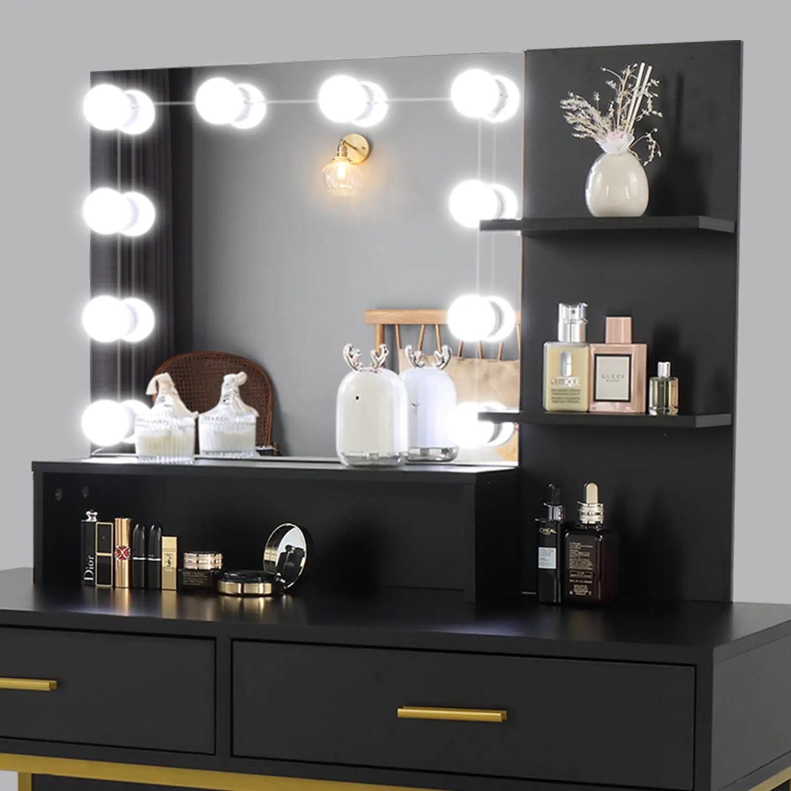 Black, Particleboard, Steel Frame, Two-drawer, Three-tier Shelf, Dressing Table Set, Three-tone Light, Light Luxury My Store