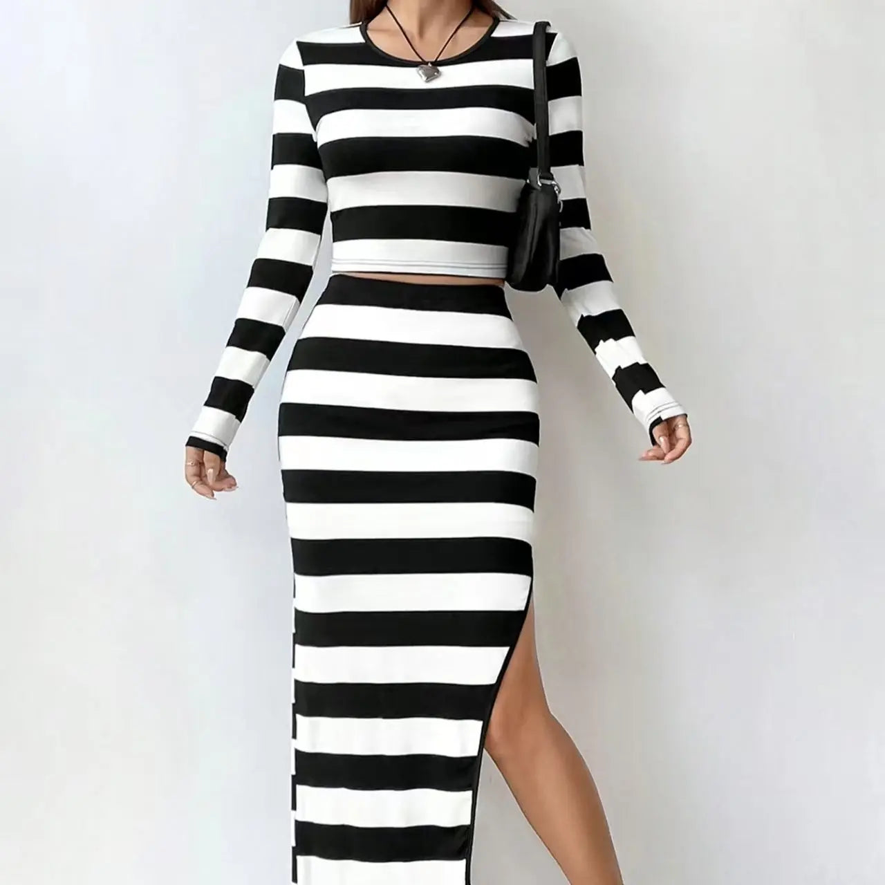 Ladies' Fashion Striped Printed Long Sleeved Top With Slit Skirt My Store