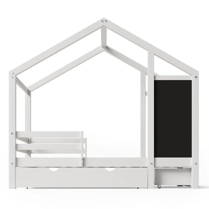 Twin House Bed With Blackboard And Drawers, Two Assembly Options, White My Store