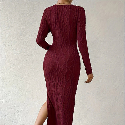 Women's Crew Neck Long Sleeve Ribbed Dress Side Slit Knit Bodycon Midi Dress Inkedjoy