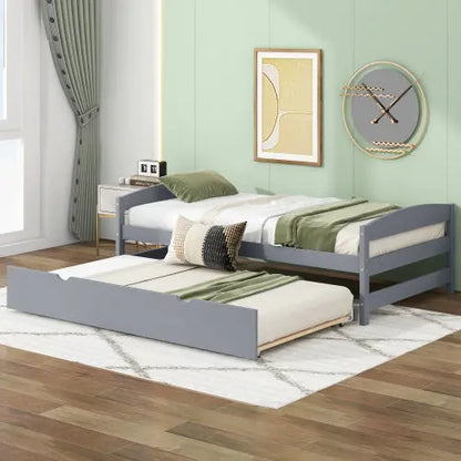 Twin Size Platform Bed With Twin Size Trundle, Gray My Store