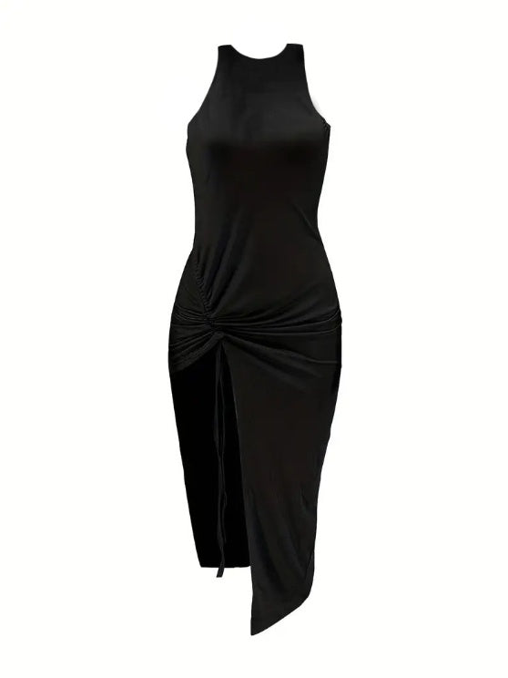 Ladies' Solid Color Off Shoulder Side Strap Fashionable Hip Hugging Dress Inkedjoy