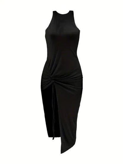 Ladies' Solid Color Off Shoulder Side Strap Fashionable Hip Hugging Dress Inkedjoy